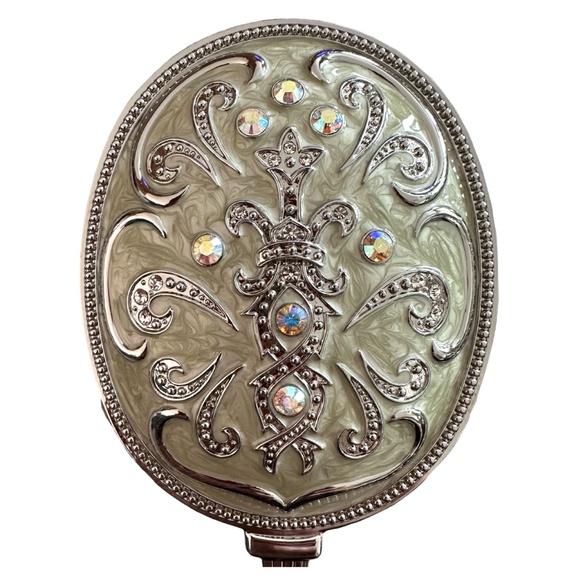ARGENTO SC Hand Held Silver Plated Vanity Mirror 9” Enamel Swarovski Crystals - Picture 4 of 7